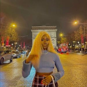 Light blue backless sweater with fur sleeves